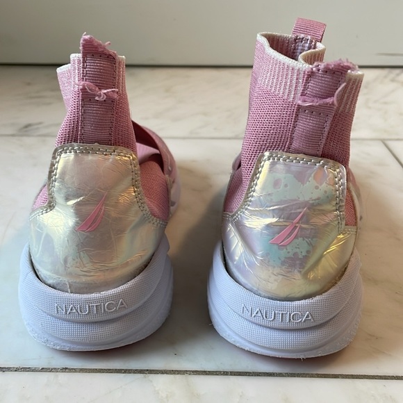 Nautica, girls 2, pink and iridescent white stretchy sock boot sneakers - Picture 5 of 9